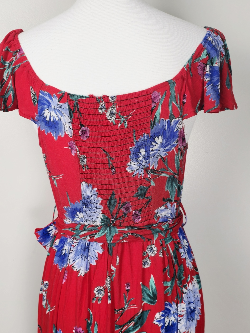 Band of Gypsies Off Shoulder Ruffle Sleeve Red Floral Maxi Dress & Blue Blooms - Picture 7 of 16